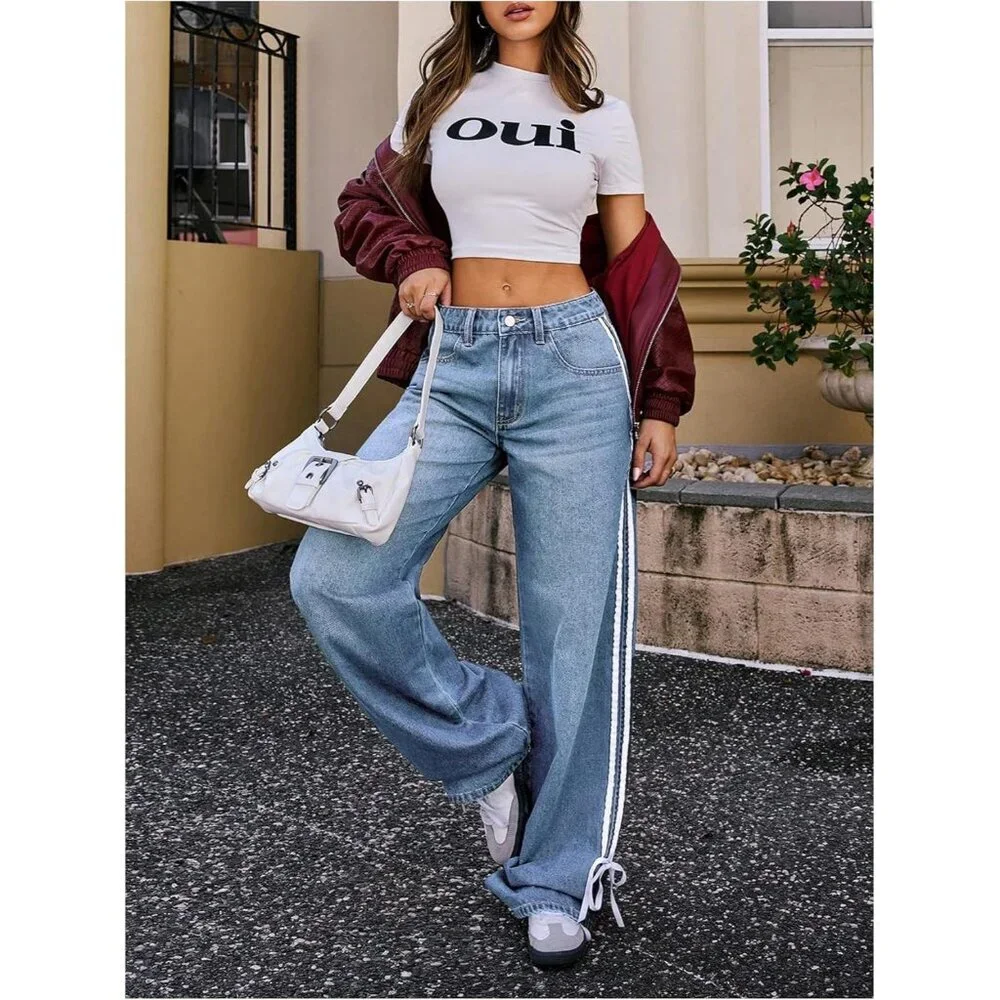Women's Wide Leg Denim Jeans Light Wash High Waist Side Stripe Pockets - Picture 5 of 5